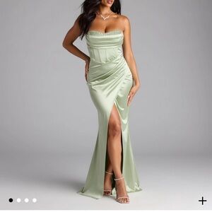 Windsor Strapless Satin Dress in Sage